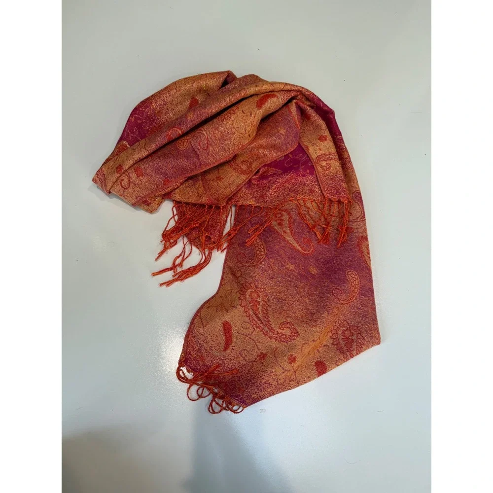 Pashmina‎ Silk Blend Paisley Scarf Wrap Orange Pink Magenta Fringe Shawl